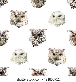 Hand drawn vector amazing animal illustration horned owl, eagle-owl portrait, snowy owl. Beautiful art with wild owl bird. Seamless pattern white background. Design for textile print, paper, web, card