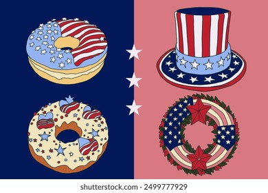 Dibujado a mano Clipart patriótico Vector americano. Guirnalda, donut, tío Sam sombrero.