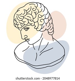 Handgezeichnete Vektorgrafik des alten griechischen jungen Mannes Bust. Illustration der klassischen griechischen Skulptur im Kunststil mit Farbhintergrund.