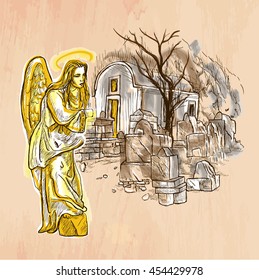 An hand drawn vector. ANGEL. Colored line art. Vector is editable in groups and layers. Freehand sketching of an beautiful Angel with young woman face standing in little churchyard with small church.