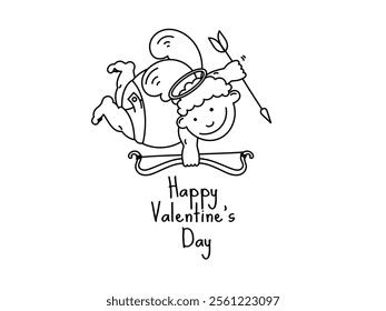 Hand drawn vector angel flying with bow and arrow. Lettering Happy Valentine's Day.	