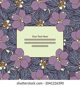 Flores de Apple de vector dibujado a mano en la plantilla de tarjeta Frame azul, amarillo y púrpura - ilustración de stock. También se puede usar para papel de regalo sin fisuras, carteles, cajas de regalo.