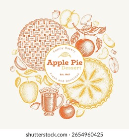 Hand Drawn Vector Apple Pie Illustration. Not AI Generated. Autumn Seasonal Background. Fall Season Cozy Mood Banner. Vintage Harvest Design Template.