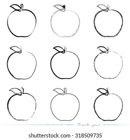 Hand drawn vector apple set with different tools like brushes, chalk, ink, pen. 