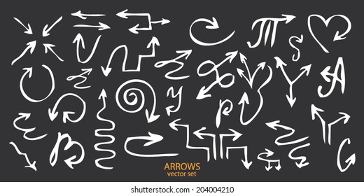 Hand drawn vector arrow collection isolated on dark background