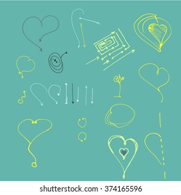 Hand drawn vector arrow collection, with heart 