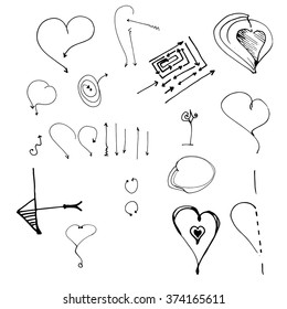 Hand drawn vector arrow collection, with heart 