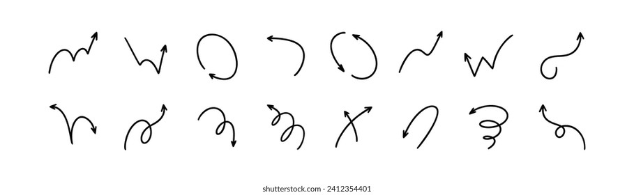 Hand drawn vector arrow icon set. Doodle sketch pen, pencil, crayon drawing. Thing line design elements. Up, down, right, left, circle, bounce, spiral direction and movement expression
