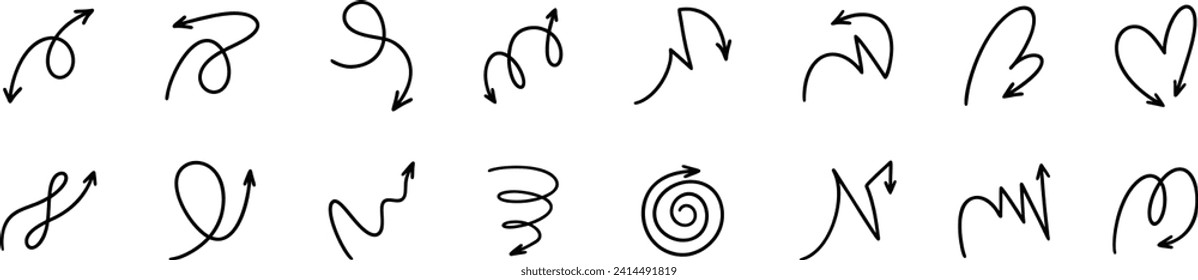 Conjunto de iconos de flecha de vector dibujado a mano. Pluma de boceto Doodle, lápiz, dibujo de crayón. Elementos de diseño de la línea de cosas. Arriba, abajo, derecha, izquierda, círculo, rebotar, dirección espiral y expresión de movimiento