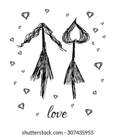 Hand drawn vector arrow loving lesbian family on white background