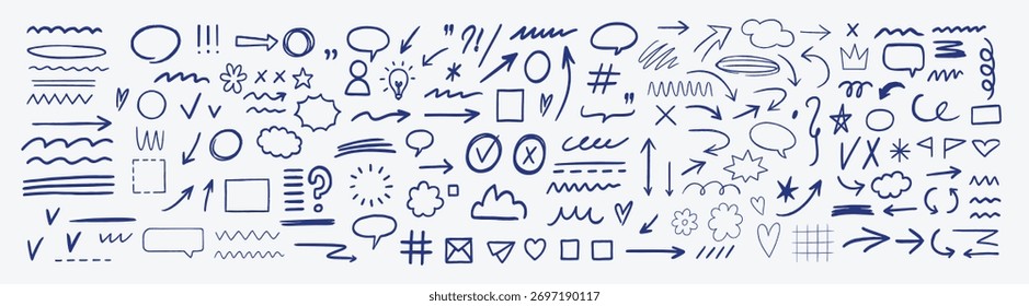 Hand drawn vector arrow and marker stroke design elements on transparent background
