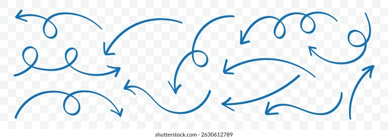 Seta vetorial desenhada à mão definida. Mão desenhada à mão livre diferentes linhas curvas, gira setas. Ilustração vetorial