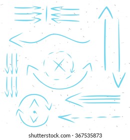 Hand drawn vector arrows. blue arrows set.