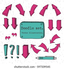 Hand drawn vector arrows collection, doodle illustration. Colorful arrows quote, banner, pen sketch vector set. Hand drawn vector shapes. Simple Doodle style decorative elements for infografic.