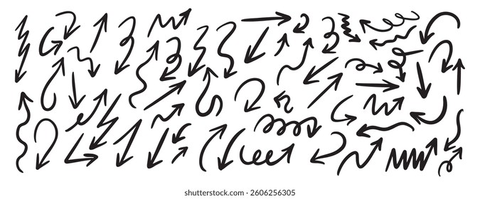 Hand drawn vector arrows doodle set on white background. dynamic arrows element. Vector illustration