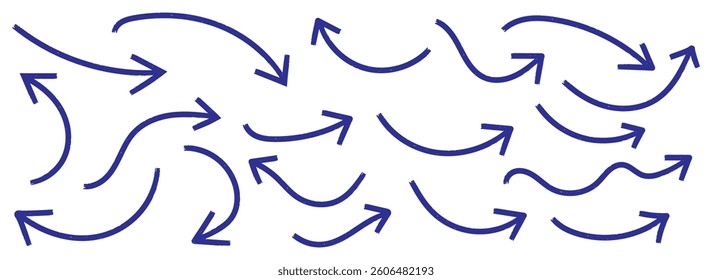 Hand drawn vector arrows doodle set. Long curved hand drawn arrow vector. grunge arrow . Set of black hand drawn grunge doodle spiral and curved charcoal. Set of blue hand drawn doodle arrows. 
