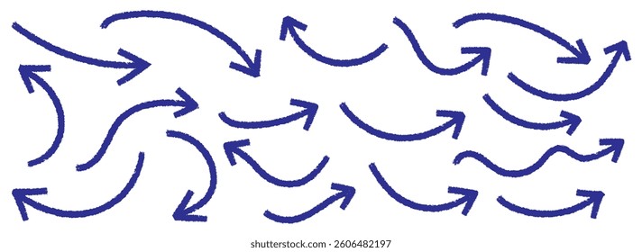 Hand drawn vector arrows doodle set. Long curved hand drawn arrow vector. grunge arrow . Set of black hand drawn grunge doodle spiral and curved charcoal. Set of blue hand drawn doodle arrows. 