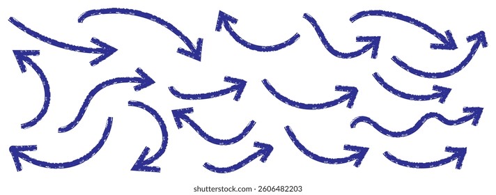 Hand drawn vector arrows doodle set. Long curved hand drawn arrow vector. grunge arrow . Set of black hand drawn grunge doodle spiral and curved charcoal. Set of blue hand drawn doodle arrows. 