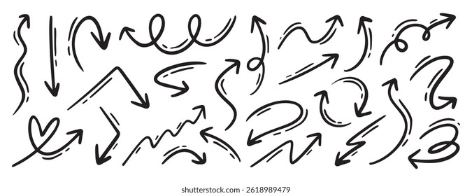 Hand drawn vector arrows doodle set on white background. dynamic arrows element. Vector illustration