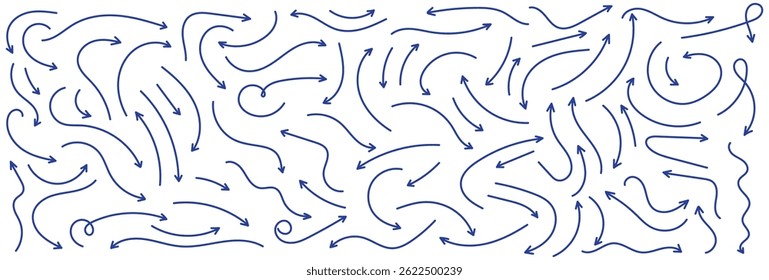 Conjunto de rabiscos de setas vetoriais desenhadas à mão. Vetor de seta longa curvada desenhada à mão. seta grunge . Conjunto de mão preta desenhada grunge doodle espiral e carvão curvo. Conjunto de setas de rabiscar desenhadas à mão azuis.