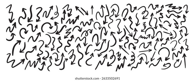 Hand drawn vector arrows doodle set on white background. dynamic arrows element. Vector illustration