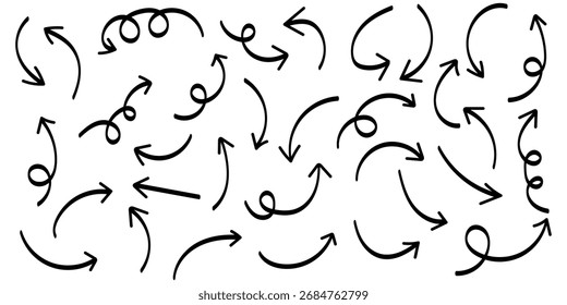 Conjunto de doodle de setas vetoriais desenhadas à mão. desenho de seta para o plano de negócios e educação.