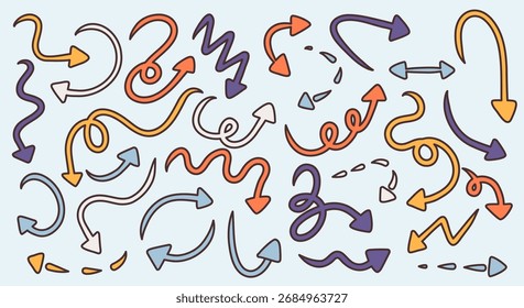Hand drawn vector arrows with multicolored strokes