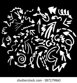 Hand drawn vector arrows on a  black background. White arrows set, eps10.