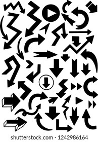 Hand drawn vector arrows set. Doodle arrows pack on white background. Creativity and business project.