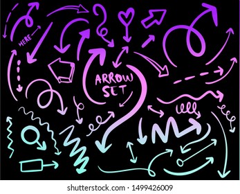 Hand drawn vector arrows set. Doodle arrows pack. Paint stains on a black chalkboard. Set of arrows graffiti style. Holographic paint. Neon marker. Watercolor blob, spray, drop. Pastel chalk.