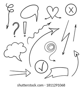 Hand drawn vector arrows set. Doodle arrows pack on white background. Creativity and business project.