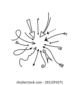 Hand drawn vector arrows set. Doodle arrows pack on white background. Creativity and business project.