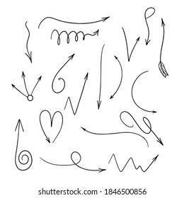 Hand drawn vector arrows set. Doodle arrows pack on white background. Creativity and business project.