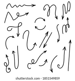 Hand drawn vector arrows set. Doodle arrows pack on white background. Creativity and business project.