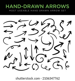 Hand drawn Vector Arrows Set in  different styles black and white color