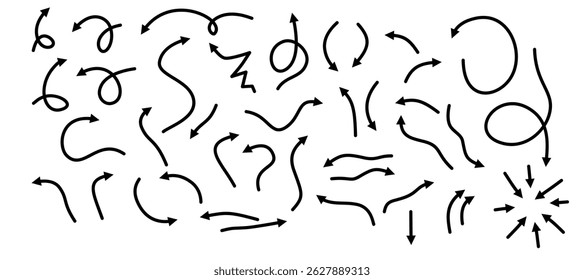 Hand drawn vector arrows set. All arrows are isolated on white and grouped, easy to use.