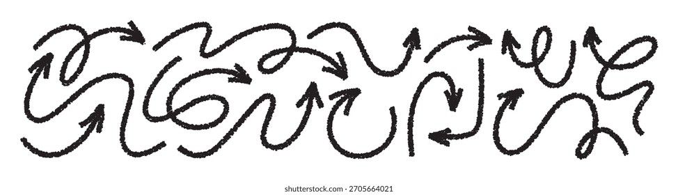 Hand Drawn Vector Arrows Set. Scribbled Brush Strokes and Sketch Elements. Curve Crayon Arrow Icons.