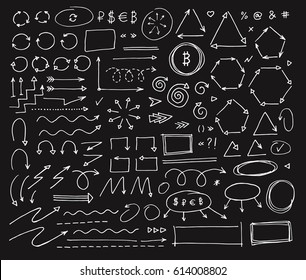 Hand drawn vector arrows set on black background
