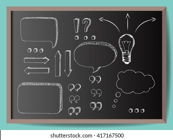 Hand Drawn Vector Arrows, Speech Bubble, Quotes Collection Isolated On Chalkboard. Doodle Style  Decorative Elements For Web Design Or Infographic.