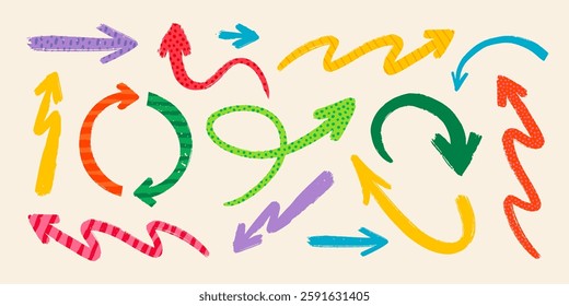 Hand drawn vector arrows with various patterns in rough rustic style.