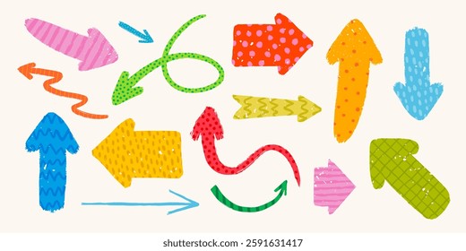 Hand drawn vector arrows with various patterns in rough rustic style.