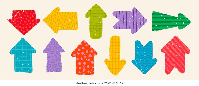 Hand drawn vector arrows with various patterns in rough rustic style.