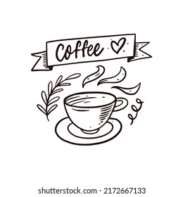 Hand drawn vector art. Coffee lettering text. Coffee mug sketch style. Doodle icon.