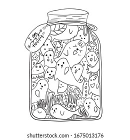 Hand drawn vector art of the magic jar with a dugong isolated on a white background. Coloring book.