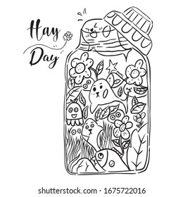 Hand drawn vector art of the magic jar with a dugong isolated on a white background. Coloring book.
