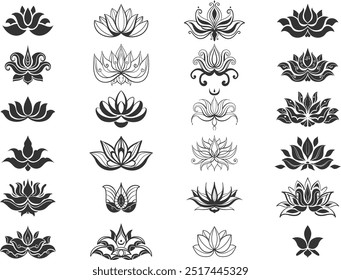 Conjunto de silueta de Arte vectorial dibujado a mano de loto, elegante Clipart de Vector: sereno, delicado, ideal para diseños botánicos espirituales, línea de caligrafía y forma. creativo para diseño, logotipo, marca, tatuaje