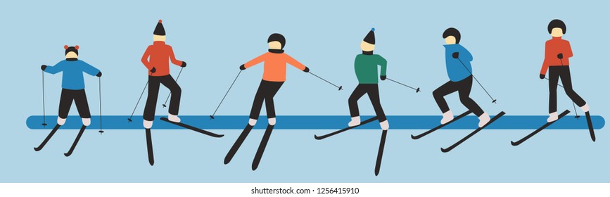 Hand drawn vector art of skiing people: man; woman; child. Winter sport games. Christmas illustration.