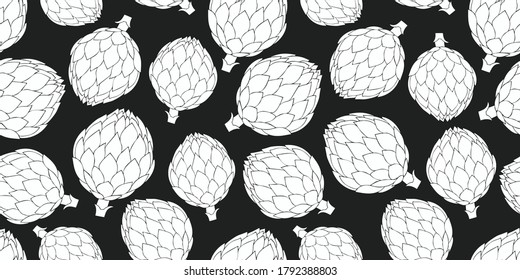 Hand drawn vector artichoke seamless pattern. Organic cartoon fresh vegetable illustration. Cute vegetable botanical background.