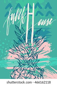 Hand drawn vector artistic abstract textured card template with pineapple and handwritten lettering text funk house.Music concert or festival vintage poster.Retro vector illustration.