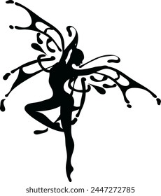 Hand drawn vector artistic design of a female ballerina dancing with her arms flowing into butterfly wings, black vector wall art, tattoo original design drawing
